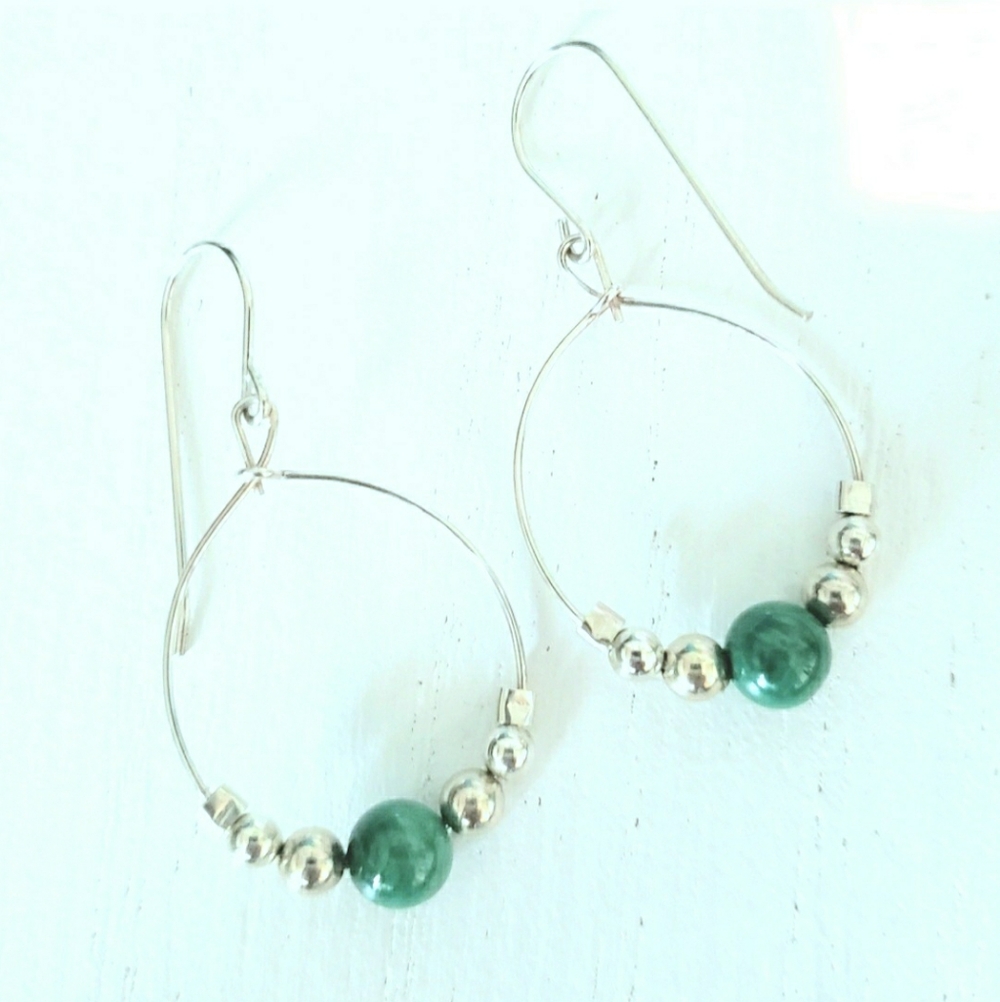 Sterling Silver Malachite Dangle Hoops Handmade